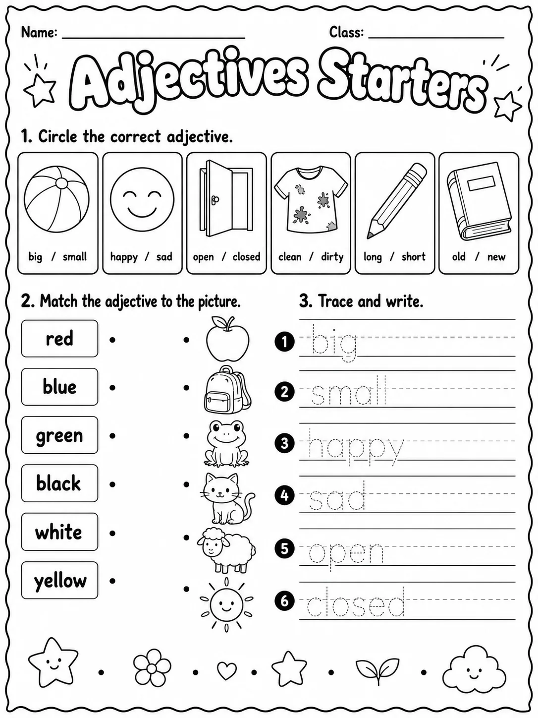Adjectives Starters Vocabulary Worksheet Pack printable Starters English worksheet bundle preview from KiwiBee