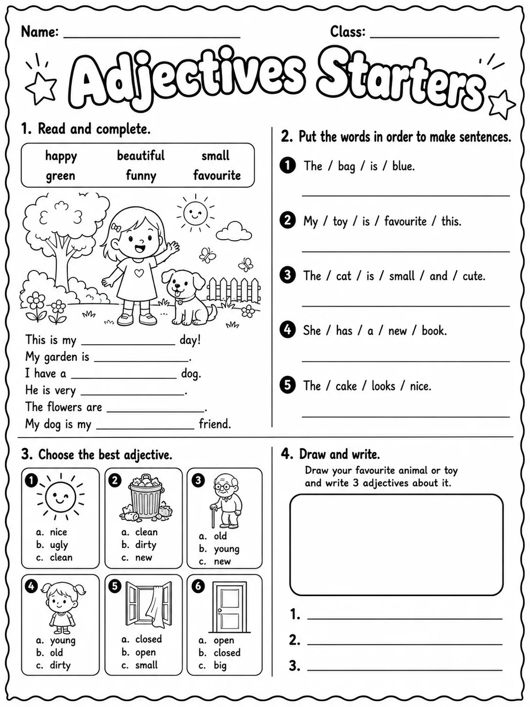 Adjectives Starters Vocabulary Worksheet Pack page 2 printable worksheet preview