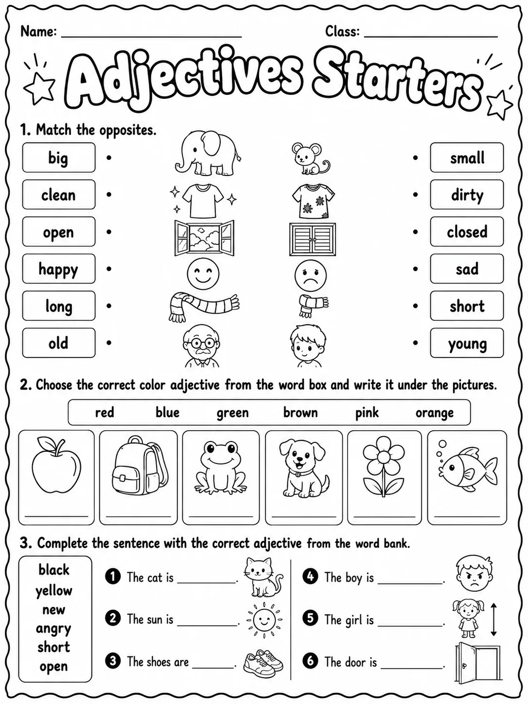 Adjectives Starters Vocabulary Worksheet Pack page 3 printable worksheet preview