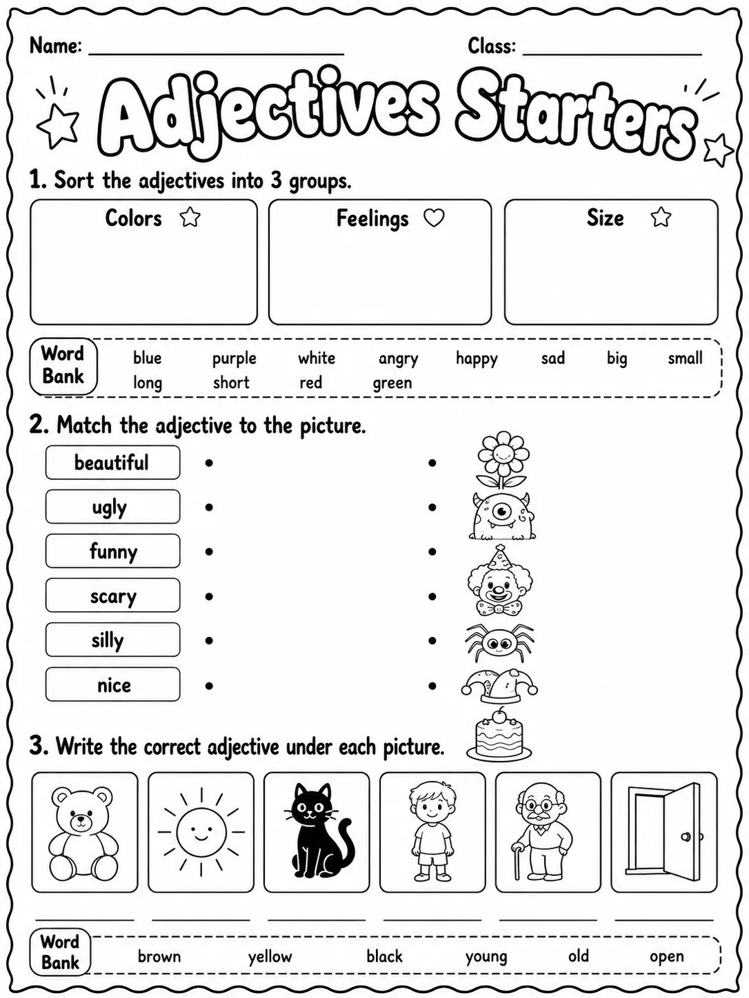 Adjectives Starters Vocabulary Worksheet Pack page 4 printable worksheet preview