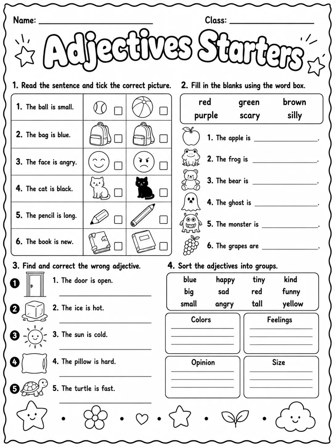 Adjectives Starters Vocabulary Worksheet Pack page 5 printable worksheet preview