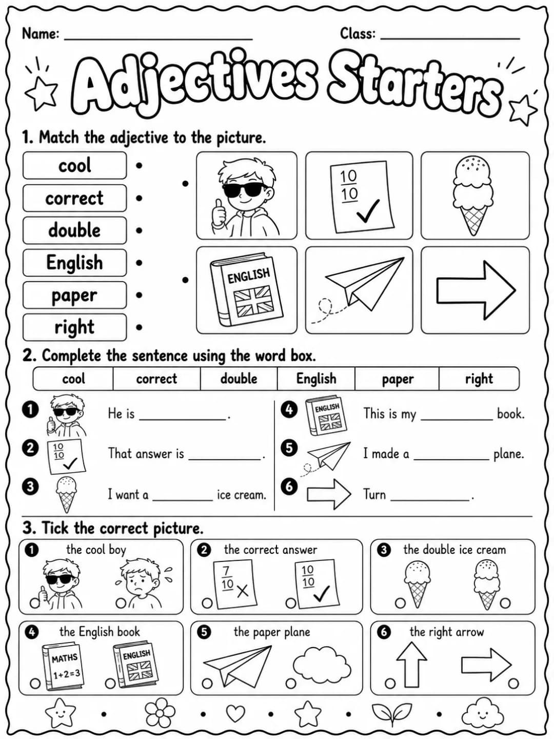 Adjectives Starters Vocabulary Worksheet Pack page 7 printable worksheet preview