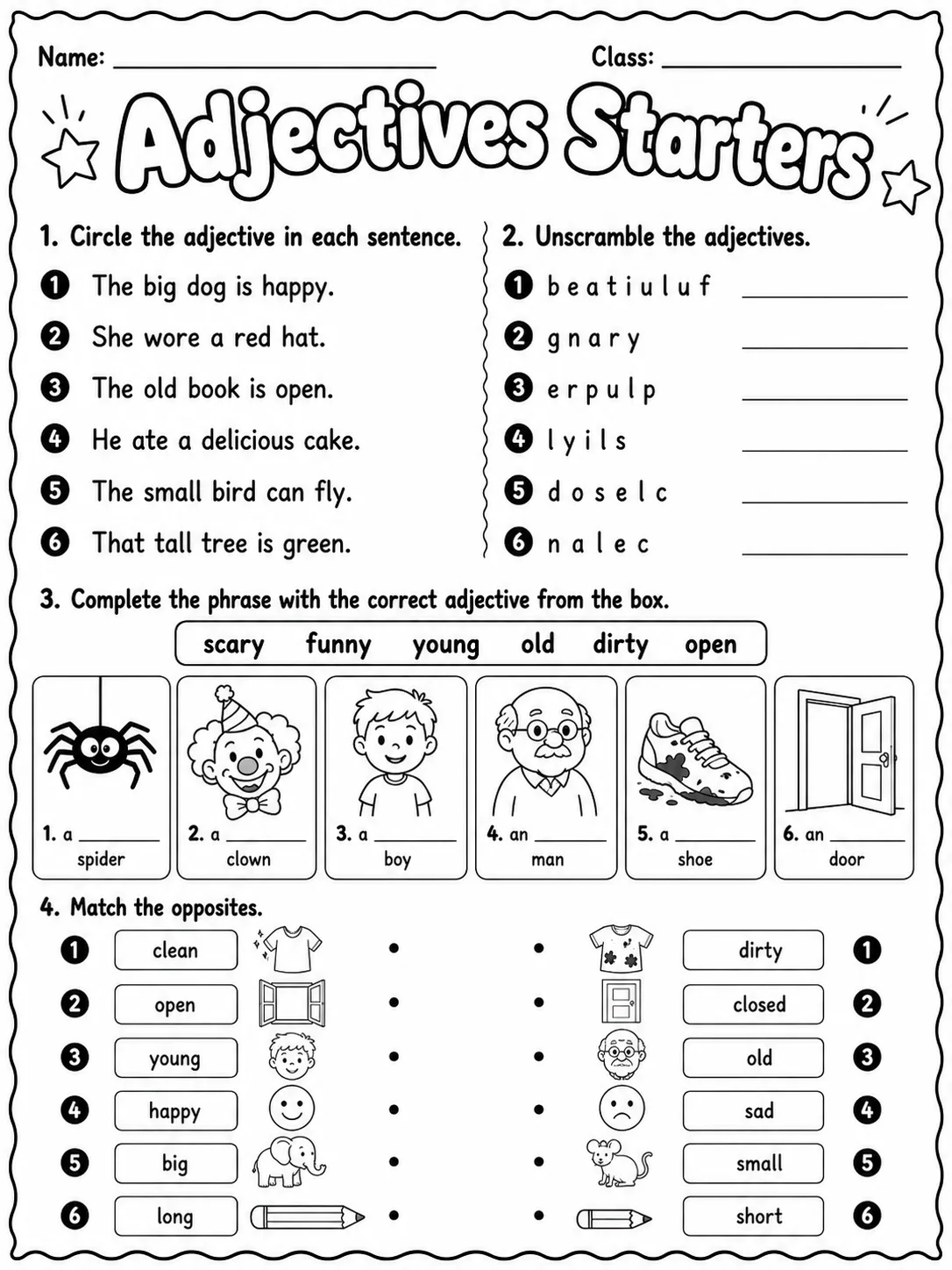 Adjectives Starters Vocabulary Worksheet Pack page 10 printable worksheet preview