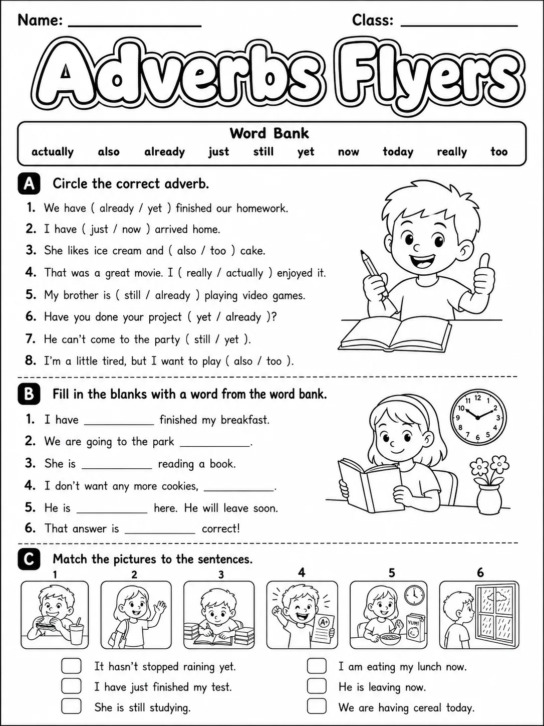 Adverbs Flyers Vocabulary Worksheet Pack printable Flyers English worksheet bundle preview from KiwiBee