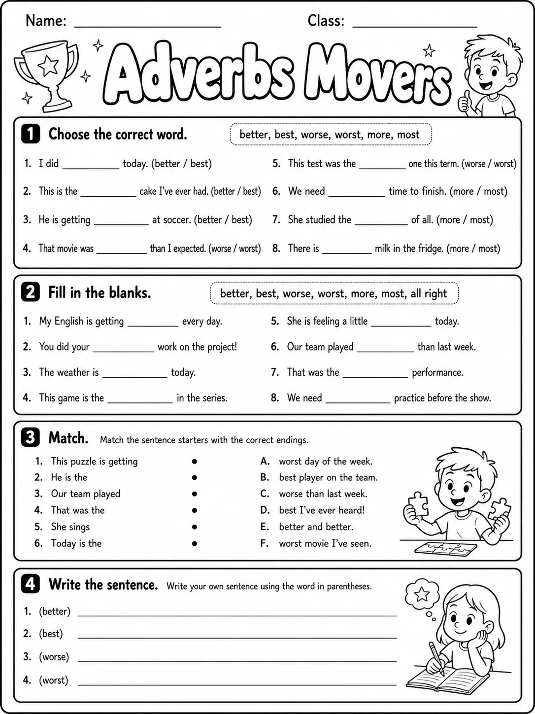 Adverbs Movers Vocabulary Worksheet Pack page 5 printable worksheet preview