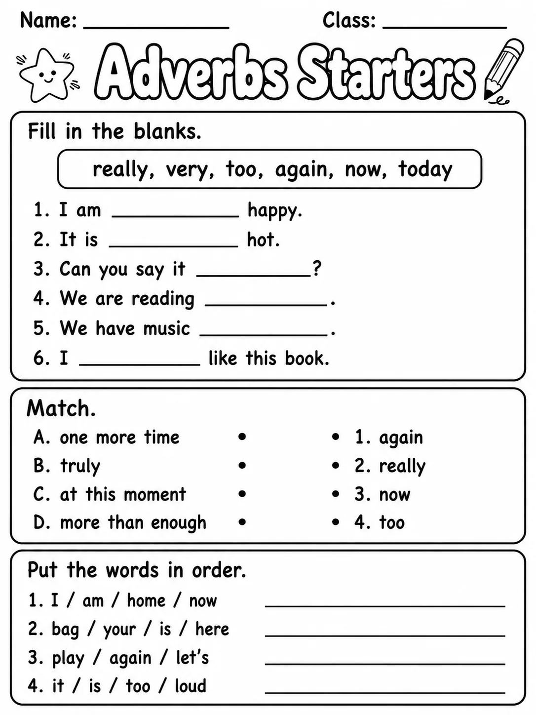 Adverbs Starters Vocabulary Worksheet Pack page 3 printable worksheet preview