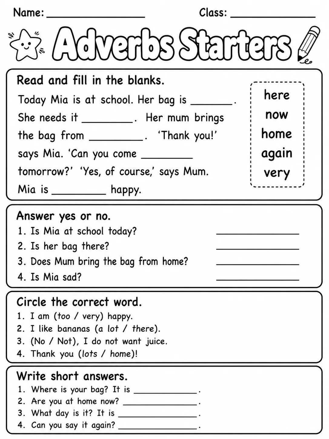 Adverbs Starters Vocabulary Worksheet Pack page 8 printable worksheet preview