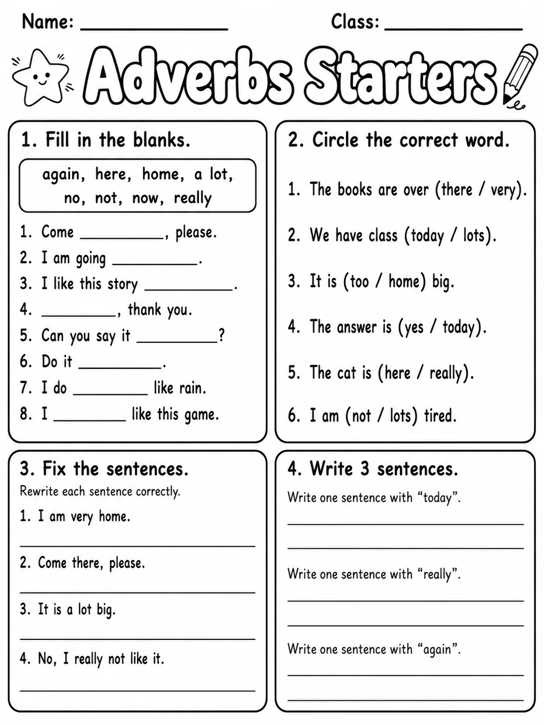 Adverbs Starters Vocabulary Worksheet Pack page 9 printable worksheet preview
