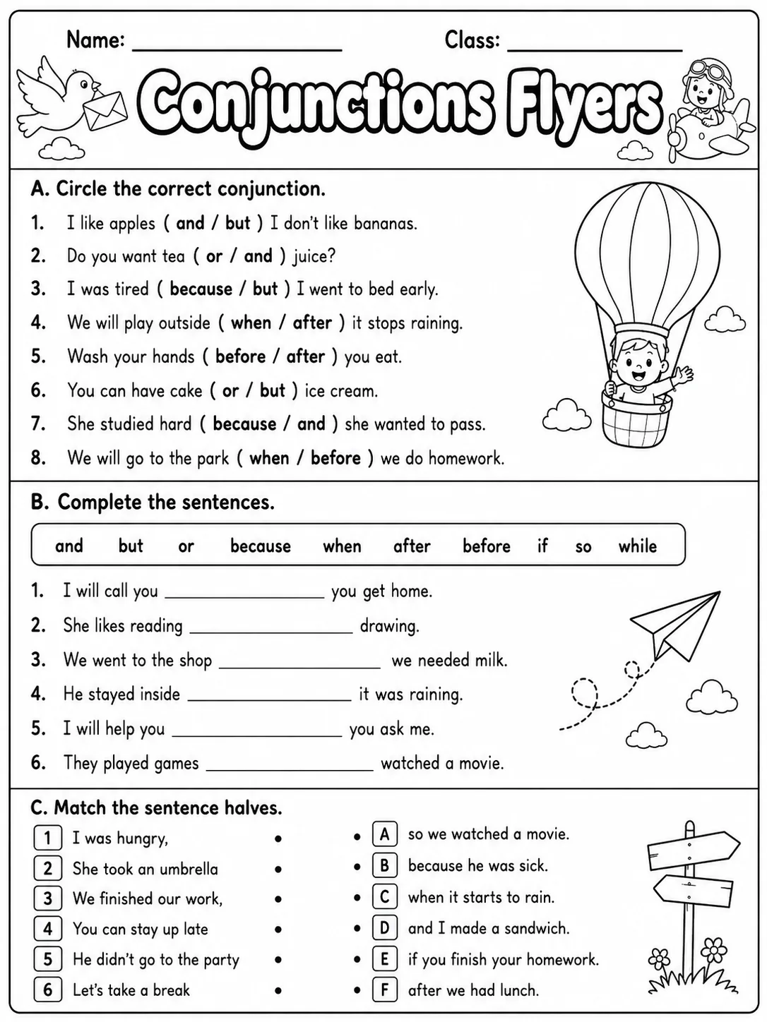 Conjunctions Flyers Vocabulary Worksheet Pack printable Flyers English worksheet bundle preview from KiwiBee