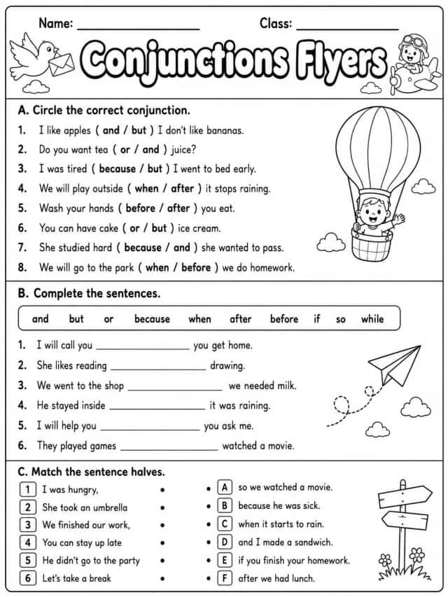 Conjunctions Flyers Vocabulary Worksheet Pack
