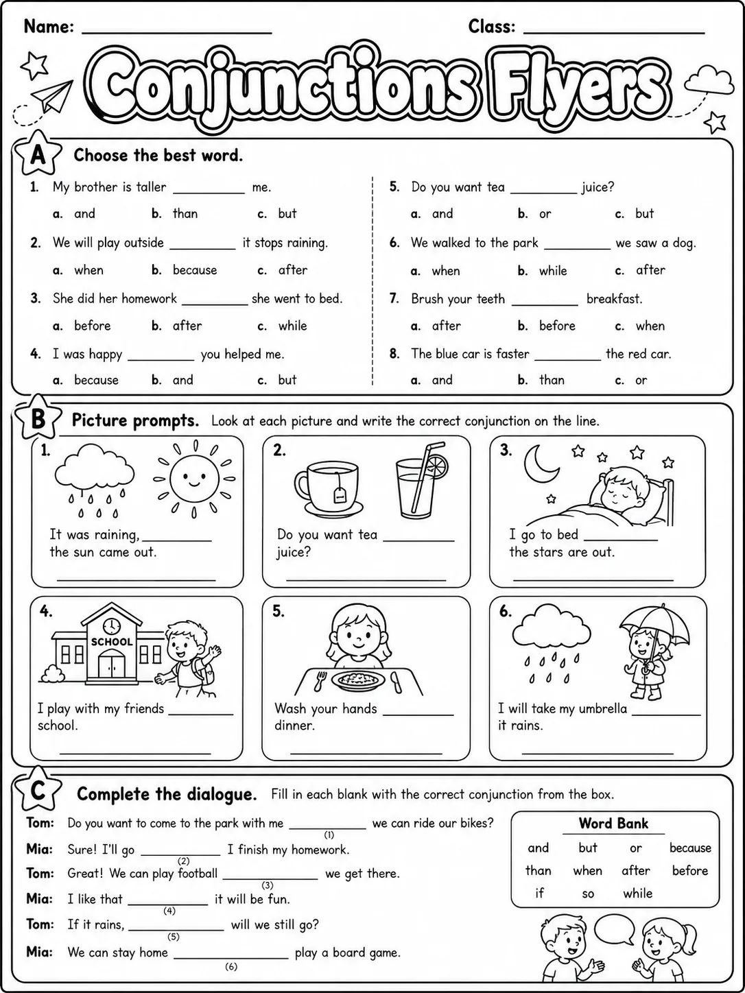 Conjunctions Flyers Vocabulary Worksheet Pack page 2 printable worksheet preview