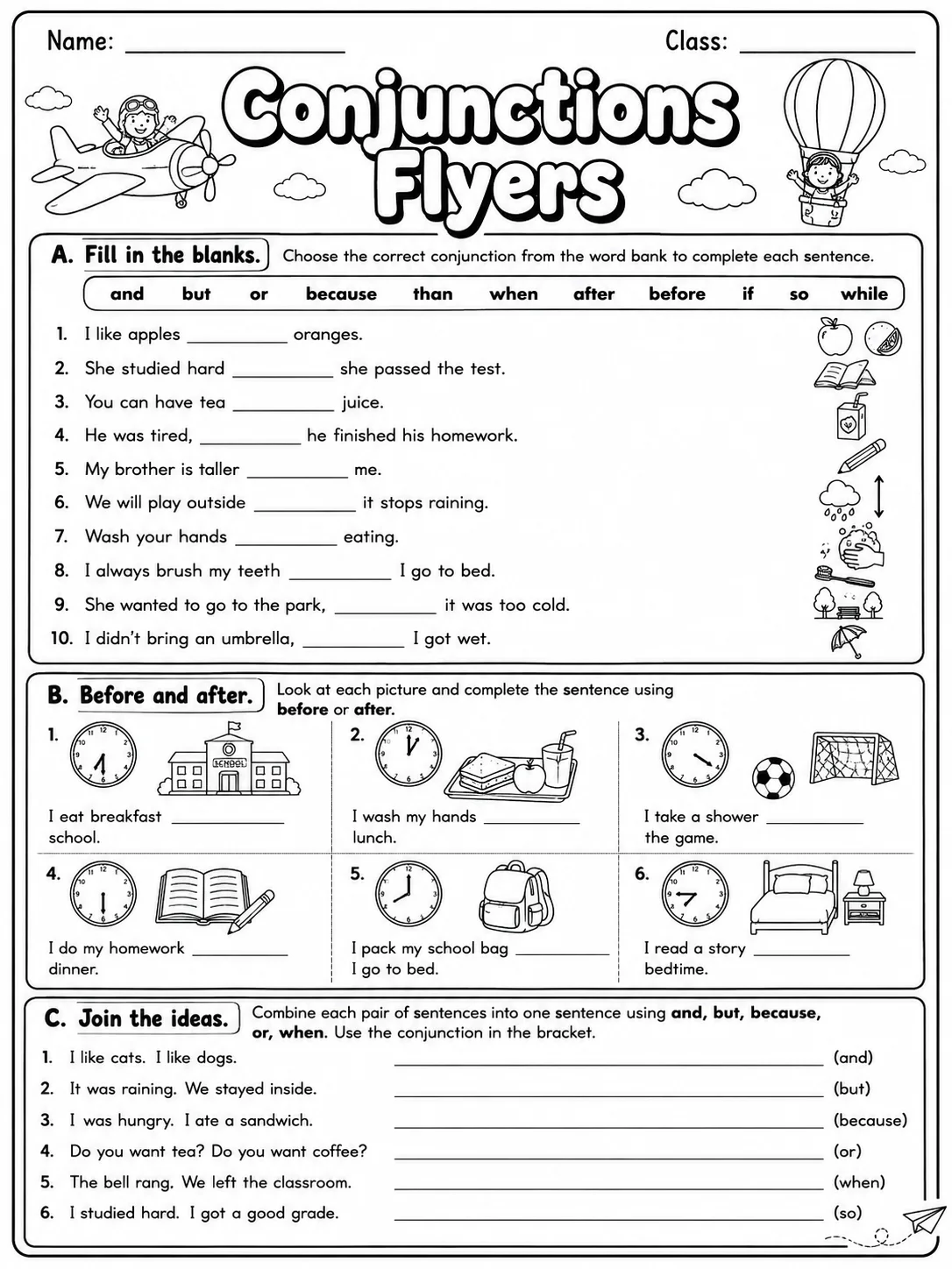 Conjunctions Flyers Vocabulary Worksheet Pack page 3 printable worksheet preview