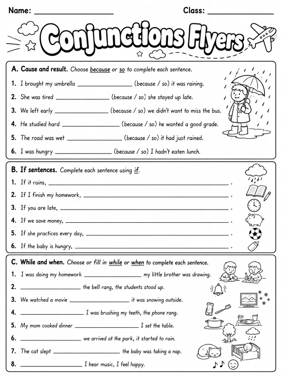 Conjunctions Flyers Vocabulary Worksheet Pack page 4 printable worksheet preview