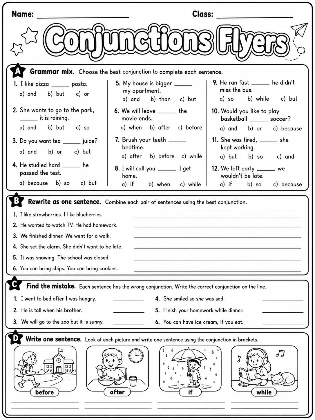 Conjunctions Flyers Vocabulary Worksheet Pack page 5 printable worksheet preview