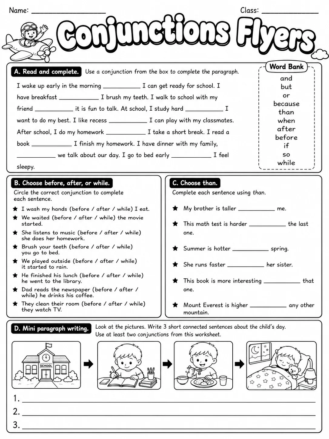 Conjunctions Flyers Vocabulary Worksheet Pack page 6 printable worksheet preview