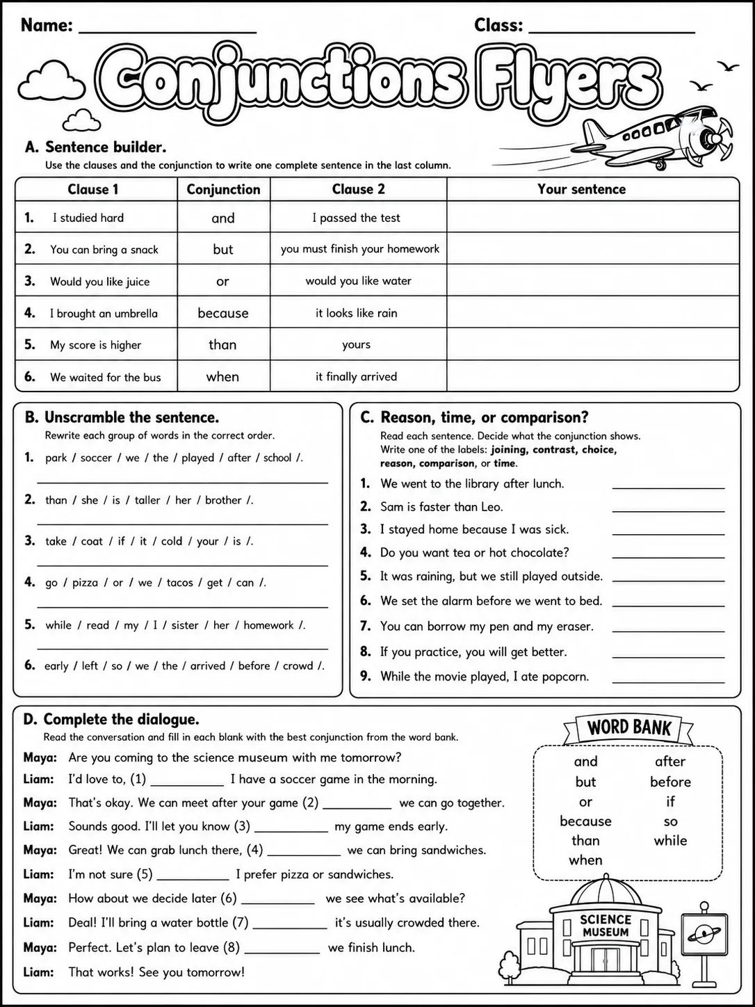 Conjunctions Flyers Vocabulary Worksheet Pack page 7 printable worksheet preview