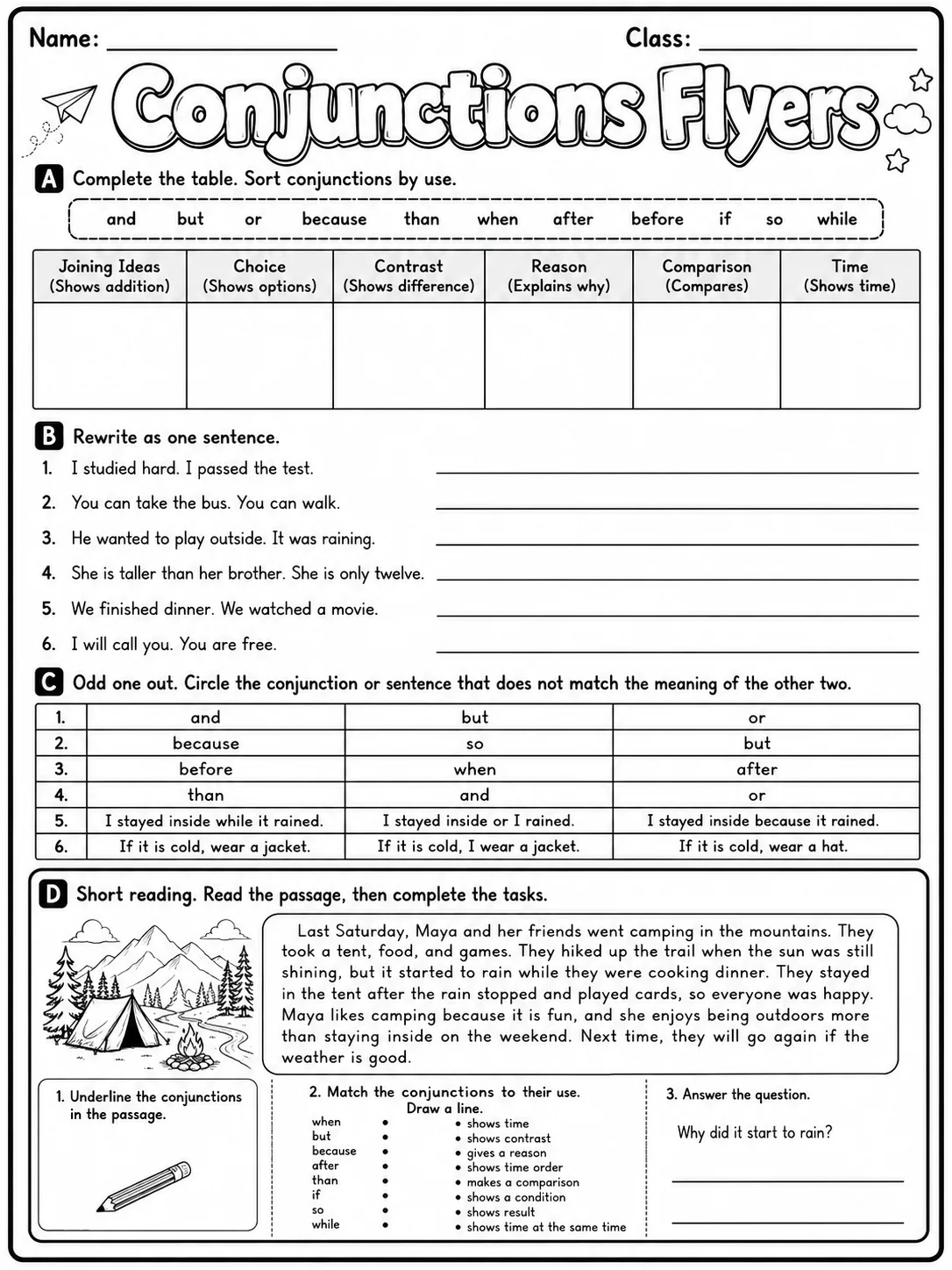 Conjunctions Flyers Vocabulary Worksheet Pack page 8 printable worksheet preview