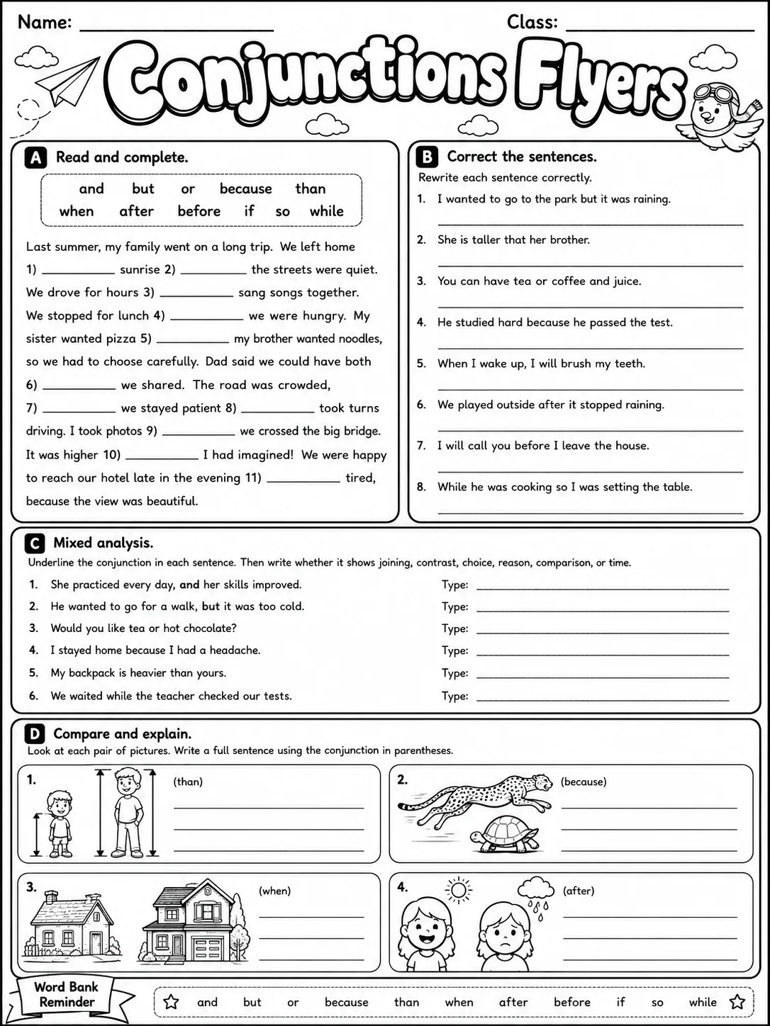 Conjunctions Flyers Vocabulary Worksheet Pack page 9 printable worksheet preview