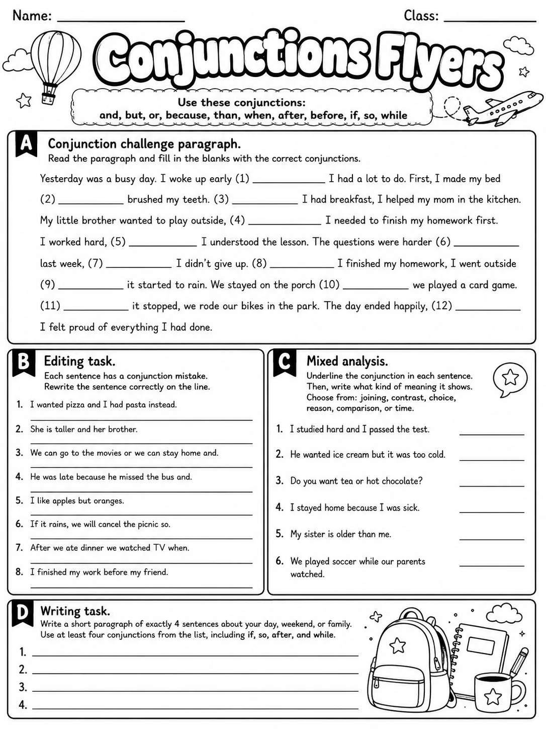 Conjunctions Flyers Vocabulary Worksheet Pack page 10 printable worksheet preview