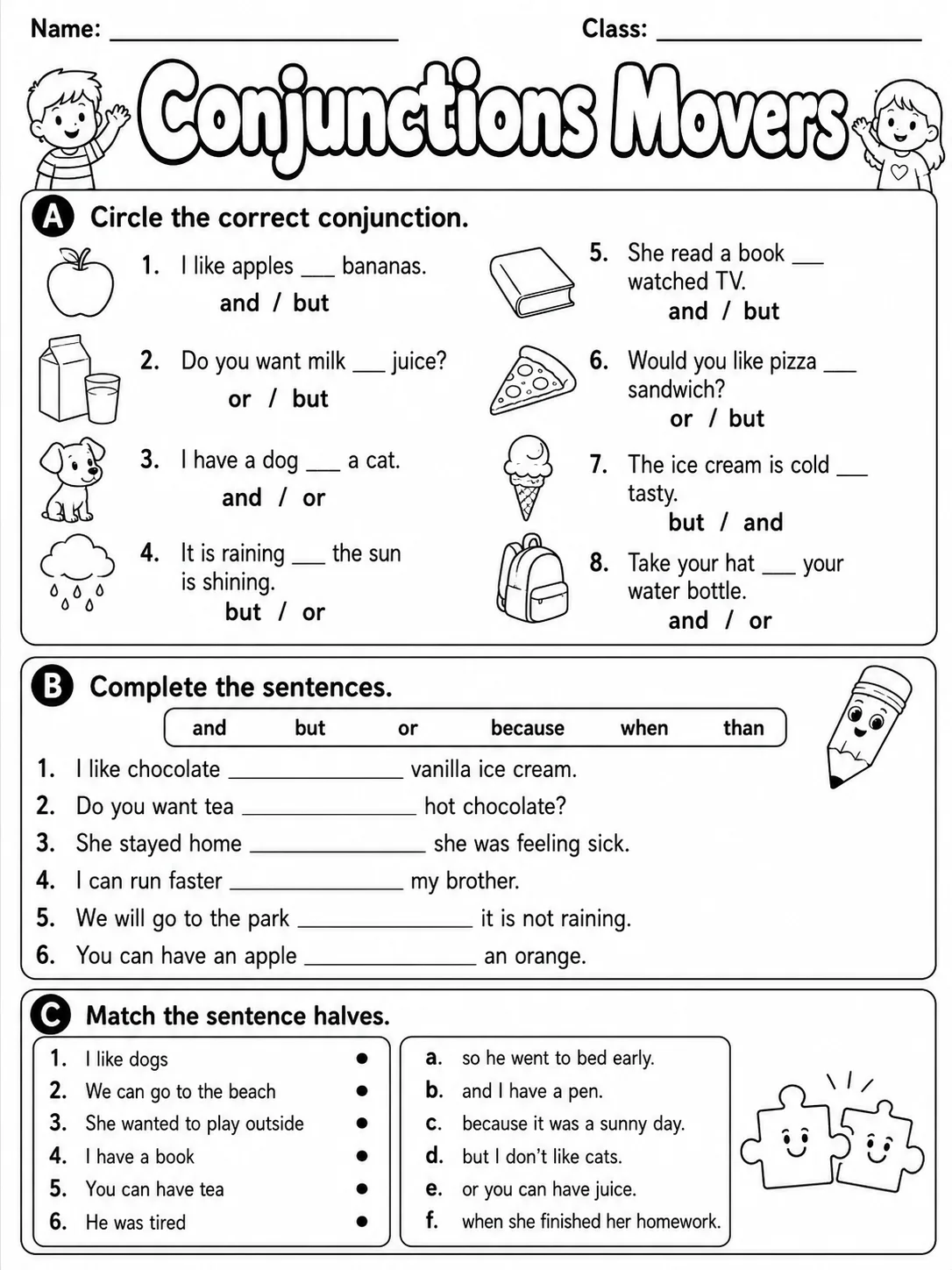 Conjunctions Movers Vocabulary Worksheet Pack printable Movers English worksheet bundle preview from KiwiBee