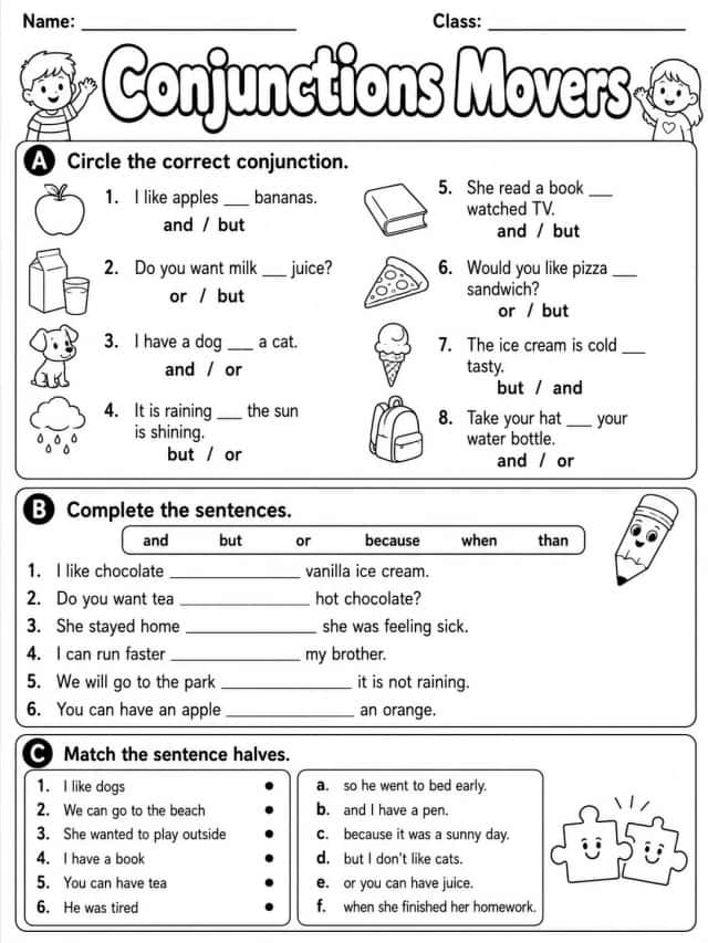 Conjunctions Movers Vocabulary Worksheet Pack