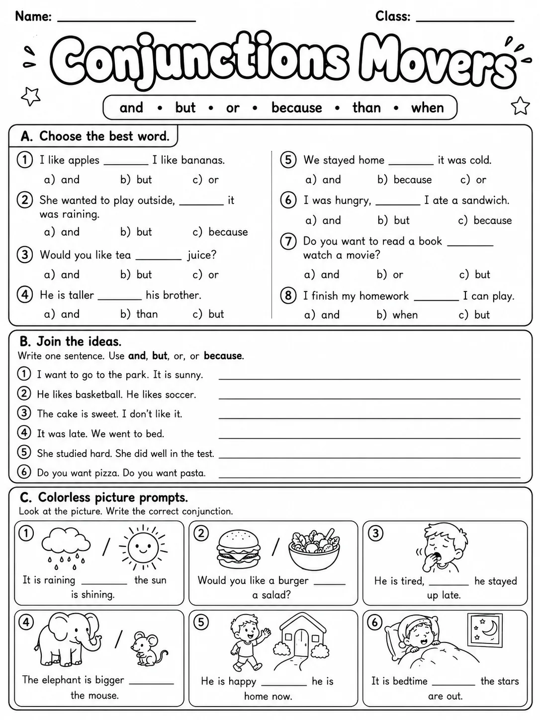 Conjunctions Movers Vocabulary Worksheet Pack page 2 printable worksheet preview