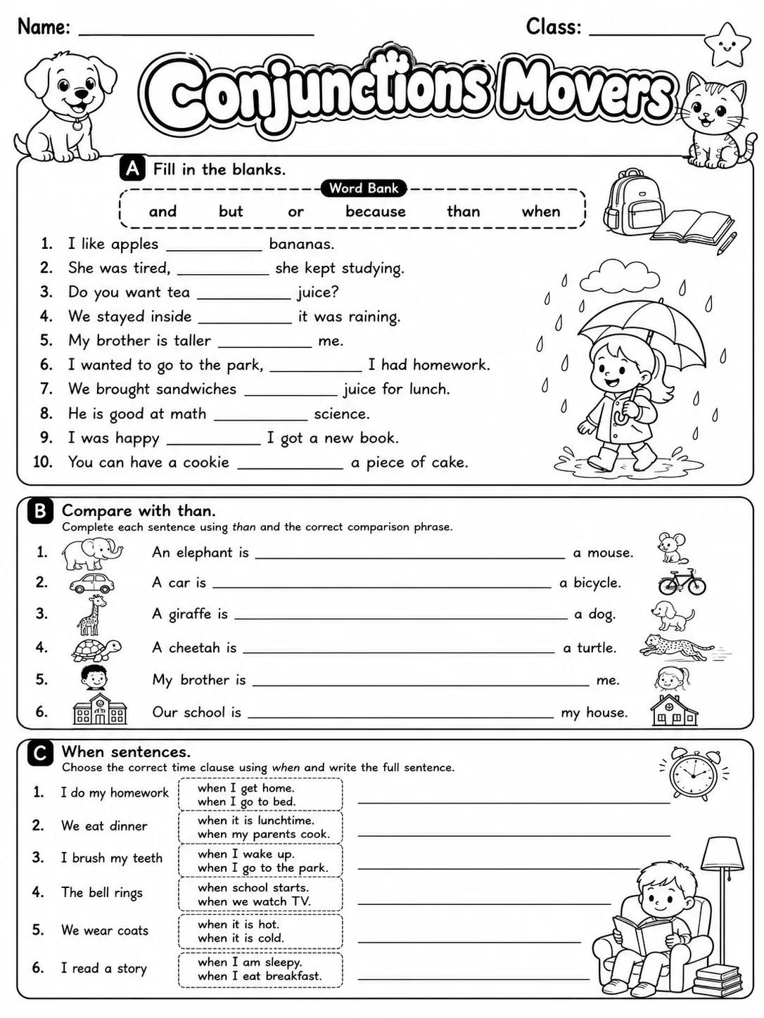 Conjunctions Movers Vocabulary Worksheet Pack page 3 printable worksheet preview