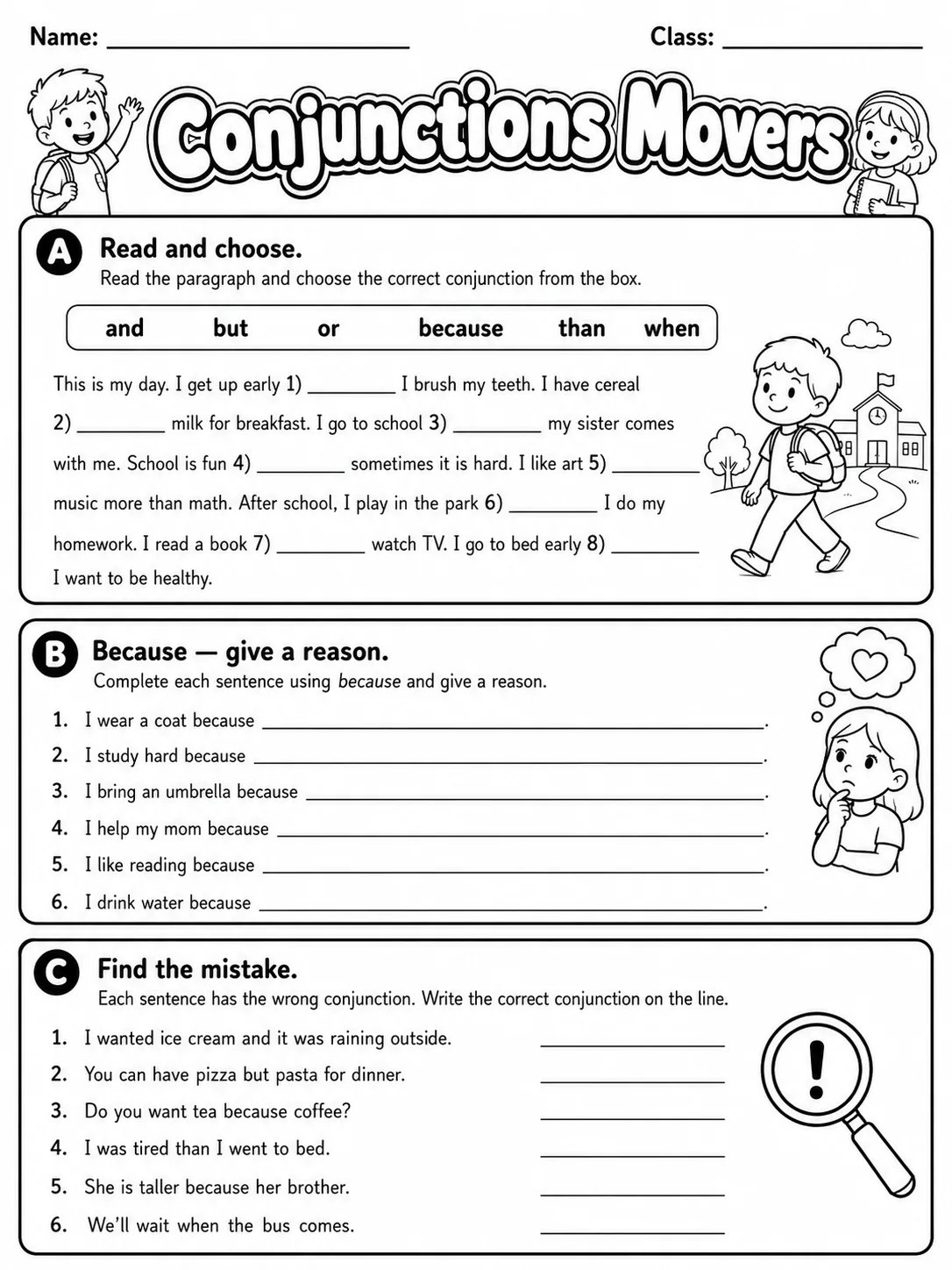 Conjunctions Movers Vocabulary Worksheet Pack page 4 printable worksheet preview