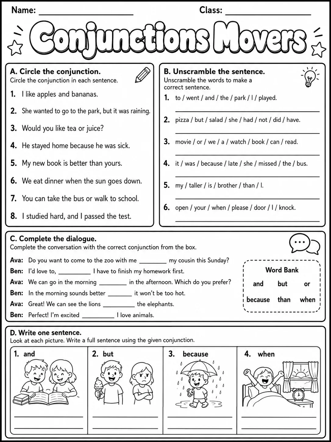 Conjunctions Movers Vocabulary Worksheet Pack page 5 printable worksheet preview