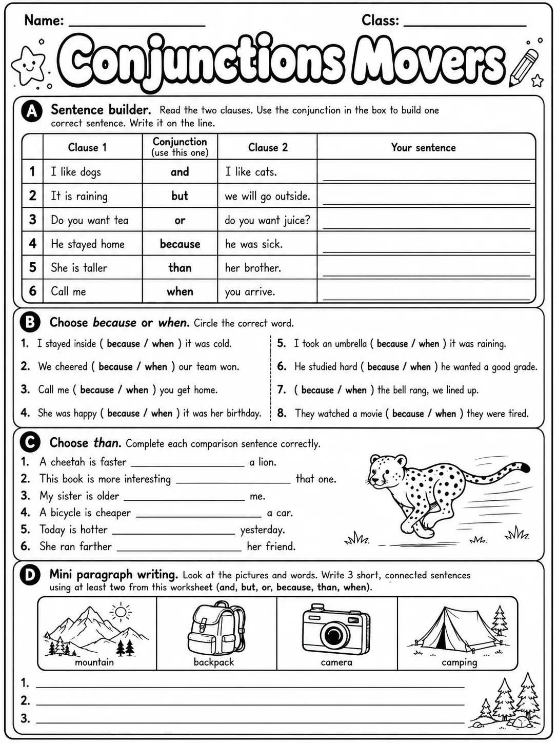 Conjunctions Movers Vocabulary Worksheet Pack page 6 printable worksheet preview