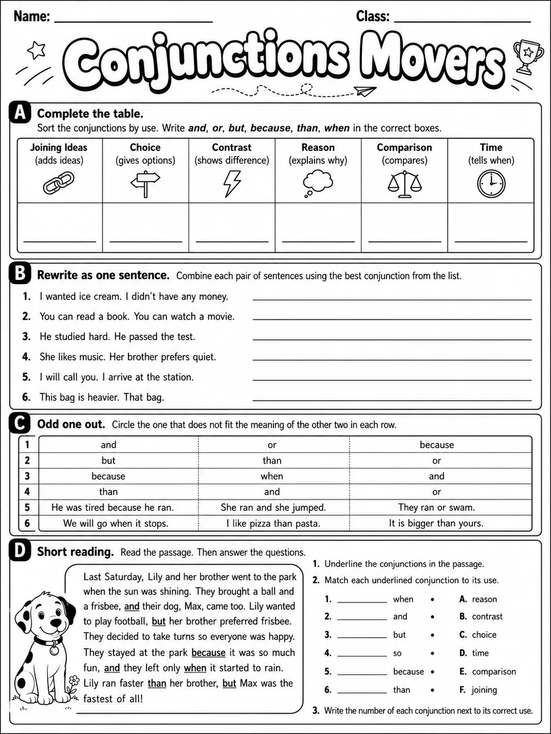 Conjunctions Movers Vocabulary Worksheet Pack page 7 printable worksheet preview