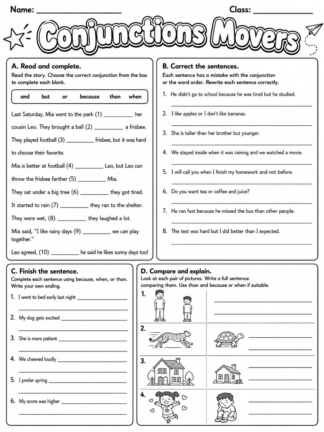 Conjunctions Movers Vocabulary Worksheet Pack page 8 printable worksheet preview