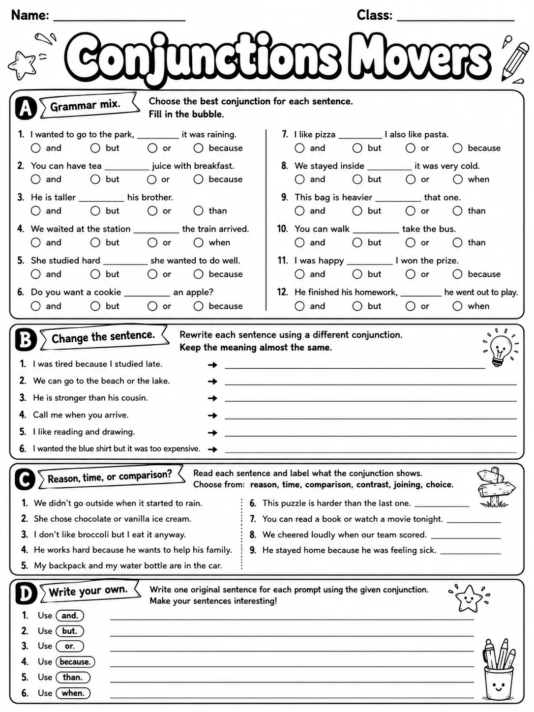 Conjunctions Movers Vocabulary Worksheet Pack page 9 printable worksheet preview