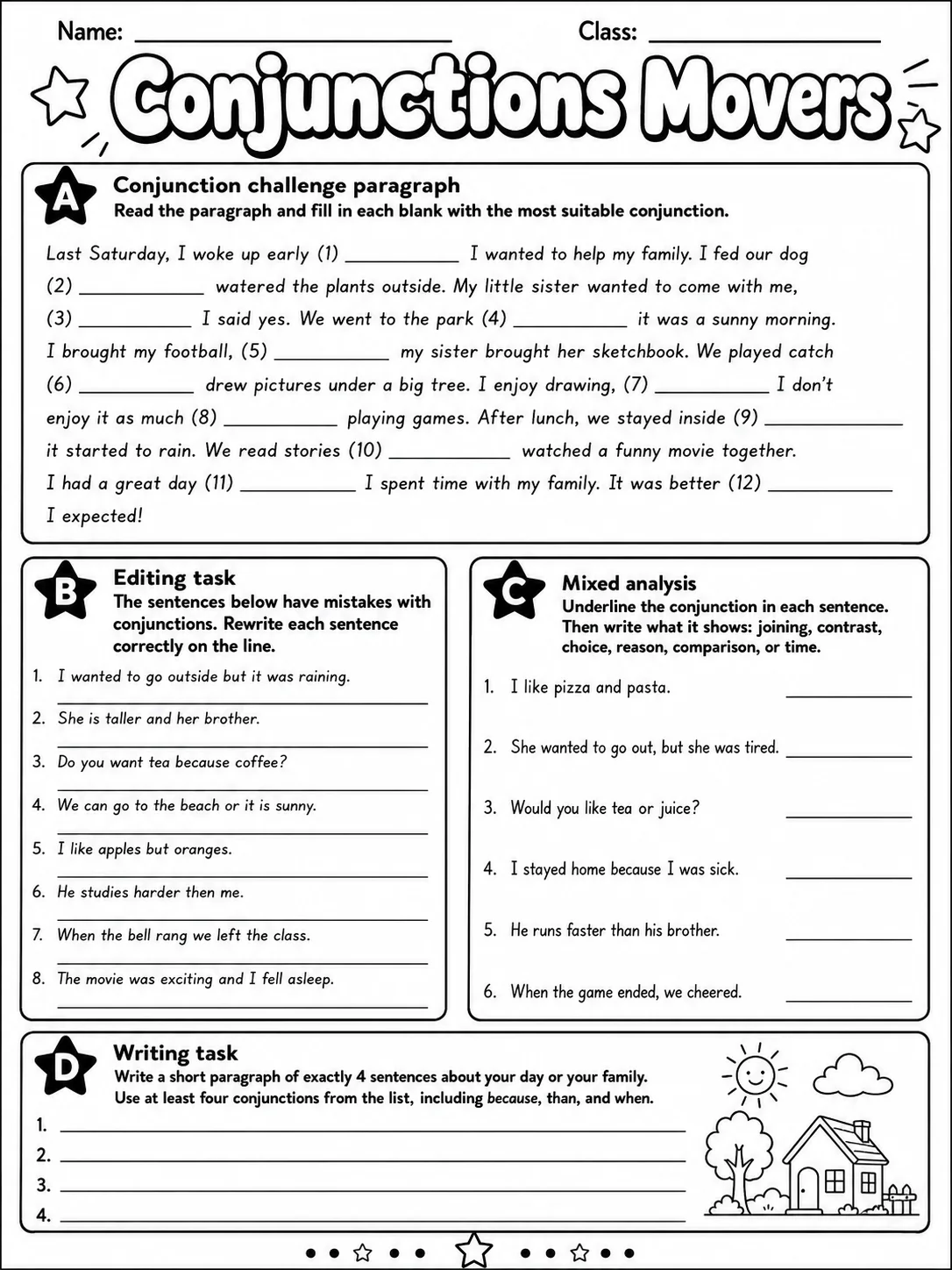 Conjunctions Movers Vocabulary Worksheet Pack page 10 printable worksheet preview