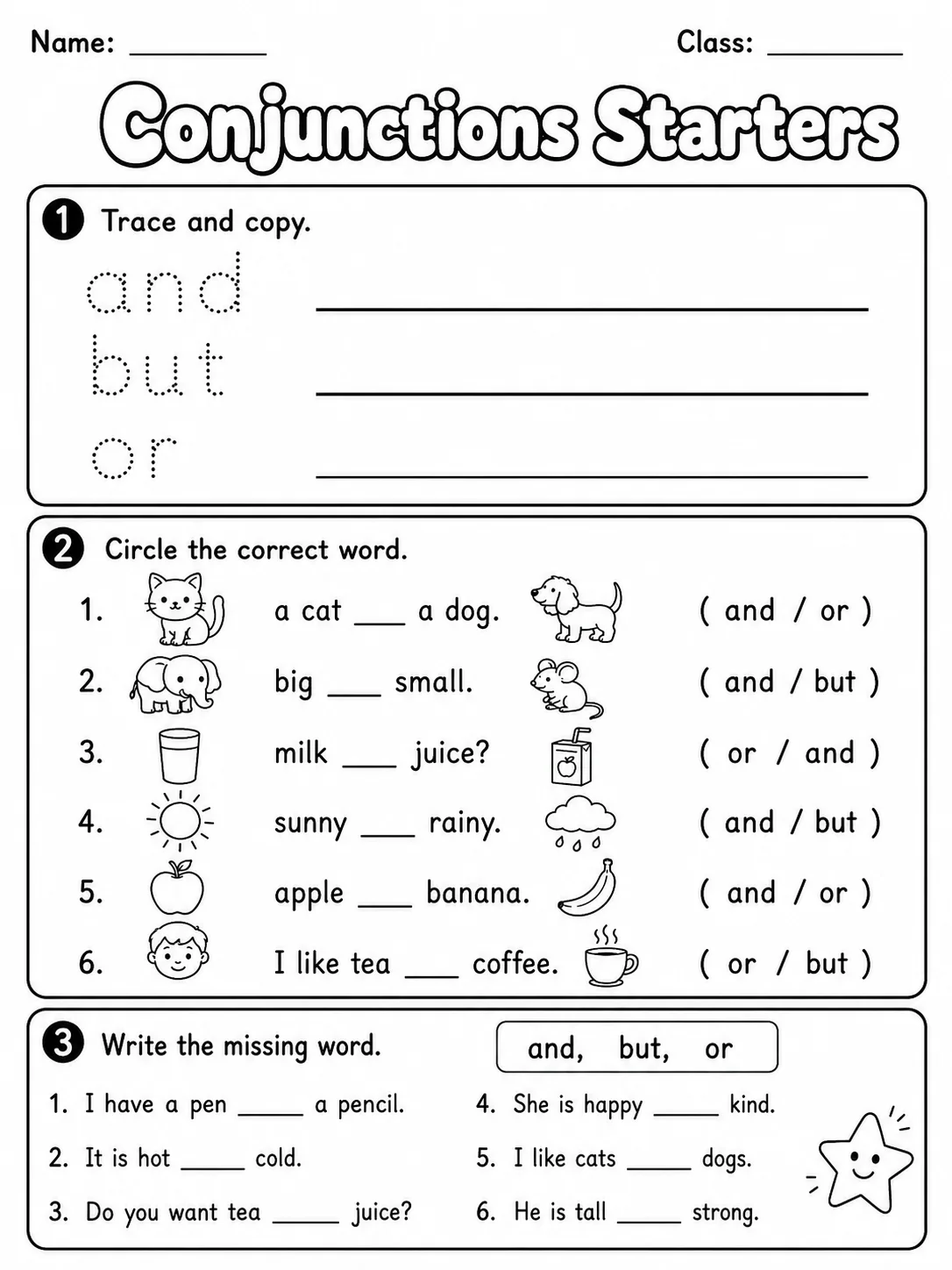 Conjunctions Starters Vocabulary Worksheet Pack printable Starters English worksheet bundle preview from KiwiBee