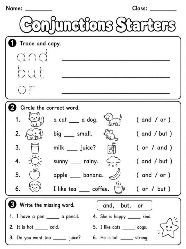 Conjunctions Starters Vocabulary Worksheet Pack
