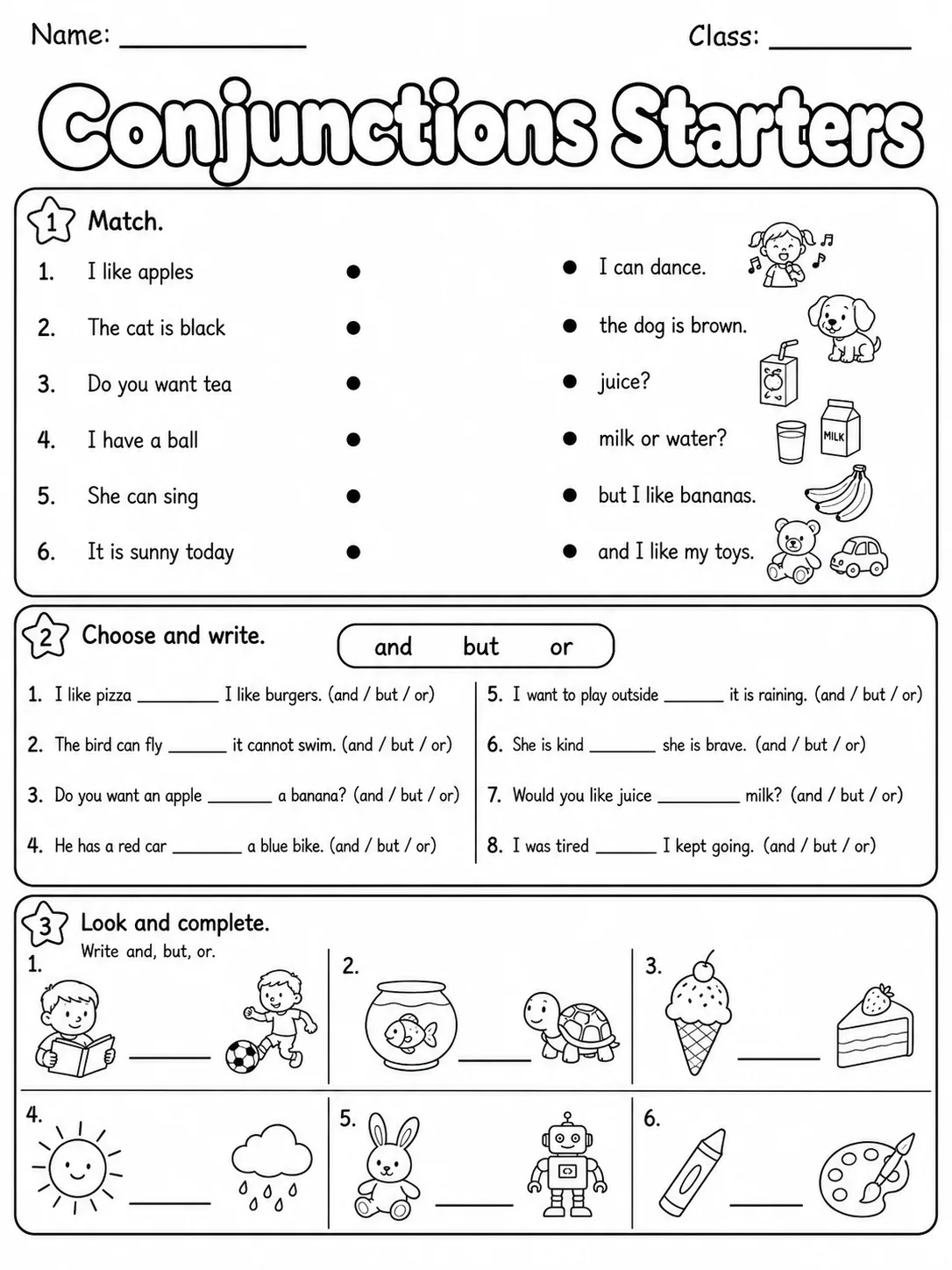 Conjunctions Starters Vocabulary Worksheet Pack page 2 printable worksheet preview