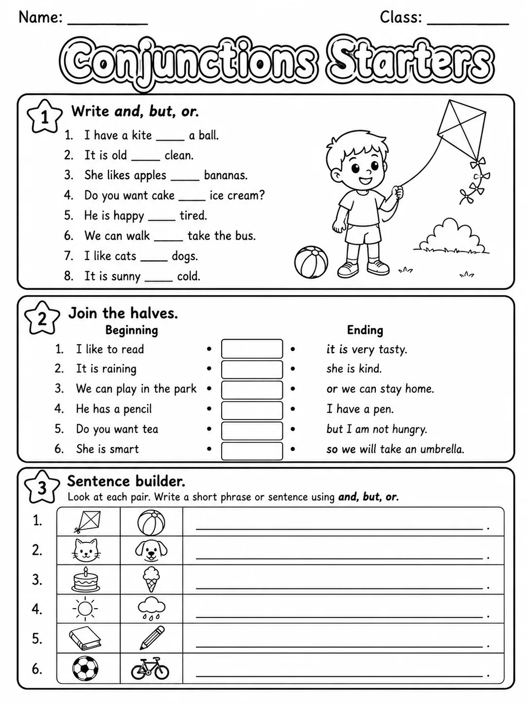 Conjunctions Starters Vocabulary Worksheet Pack page 3 printable worksheet preview