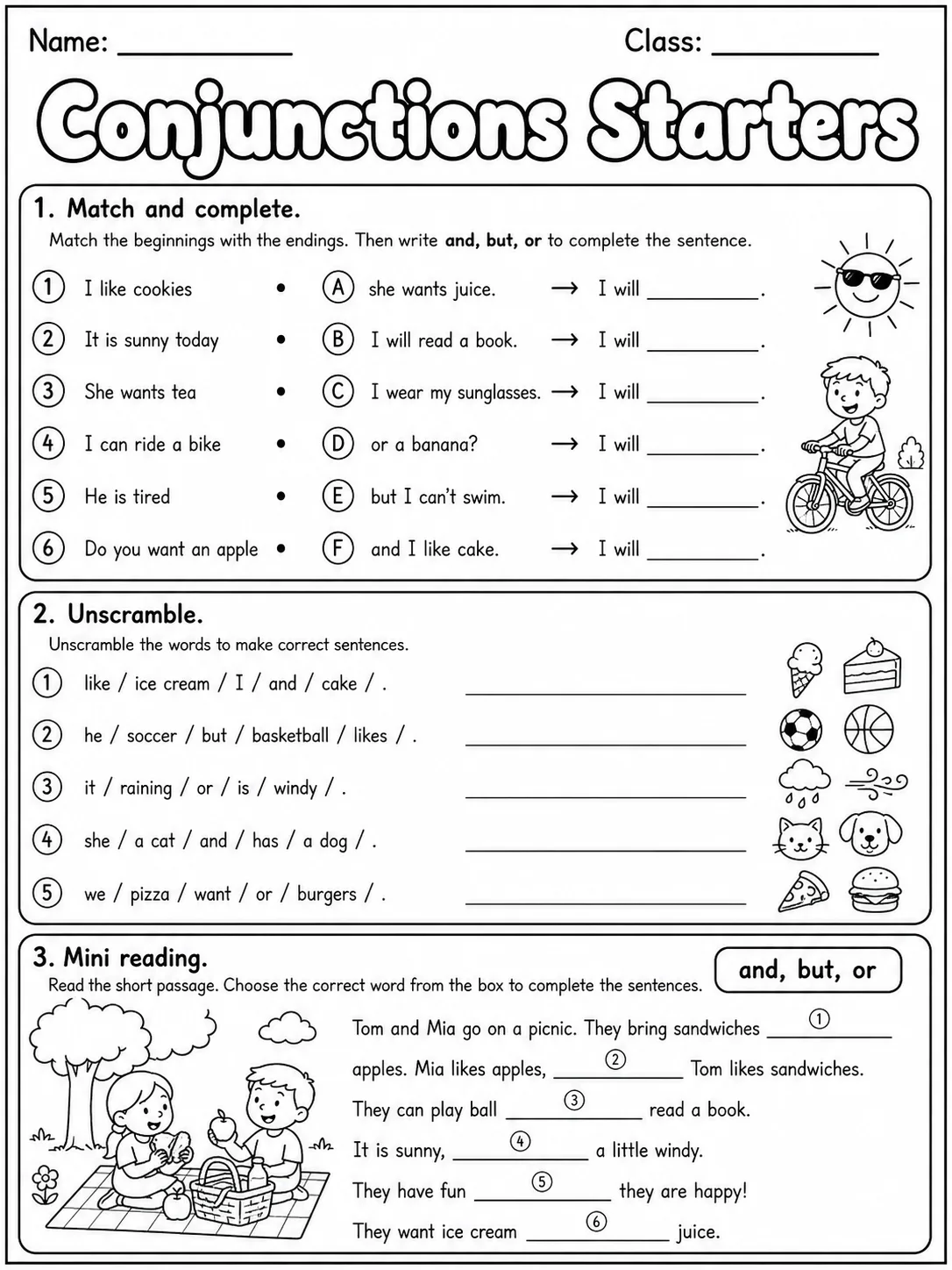 Conjunctions Starters Vocabulary Worksheet Pack page 5 printable worksheet preview