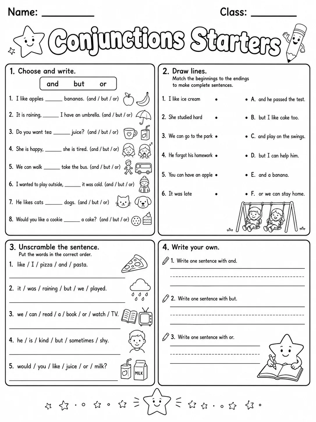 Conjunctions Starters Vocabulary Worksheet Pack page 6 printable worksheet preview