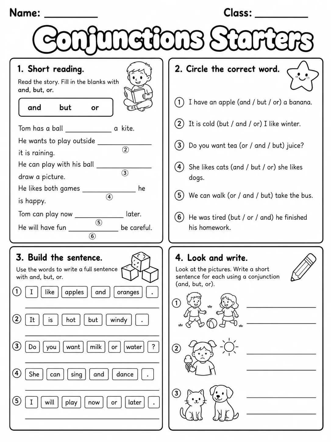 Conjunctions Starters Vocabulary Worksheet Pack page 7 printable worksheet preview