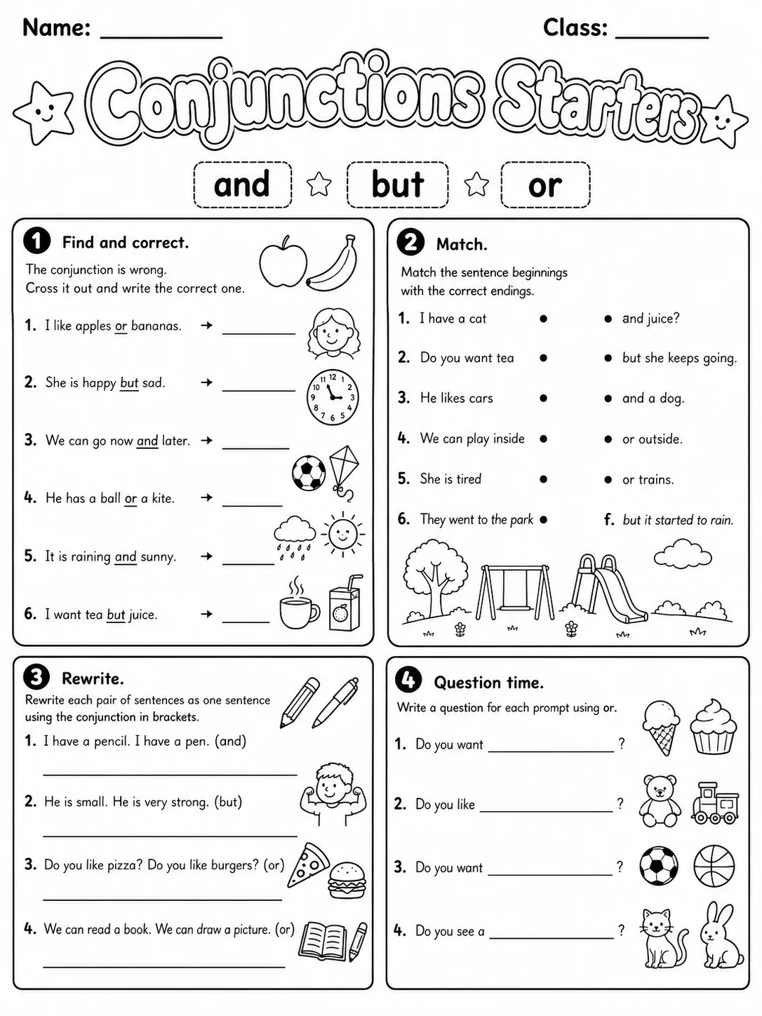 Conjunctions Starters Vocabulary Worksheet Pack page 8 printable worksheet preview