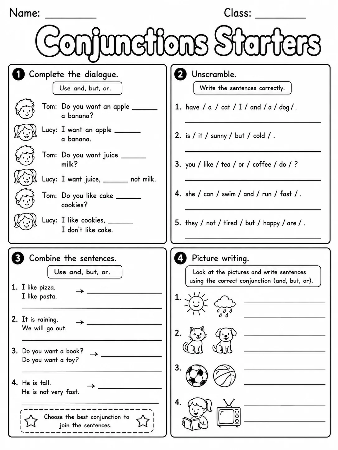 Conjunctions Starters Vocabulary Worksheet Pack page 9 printable worksheet preview