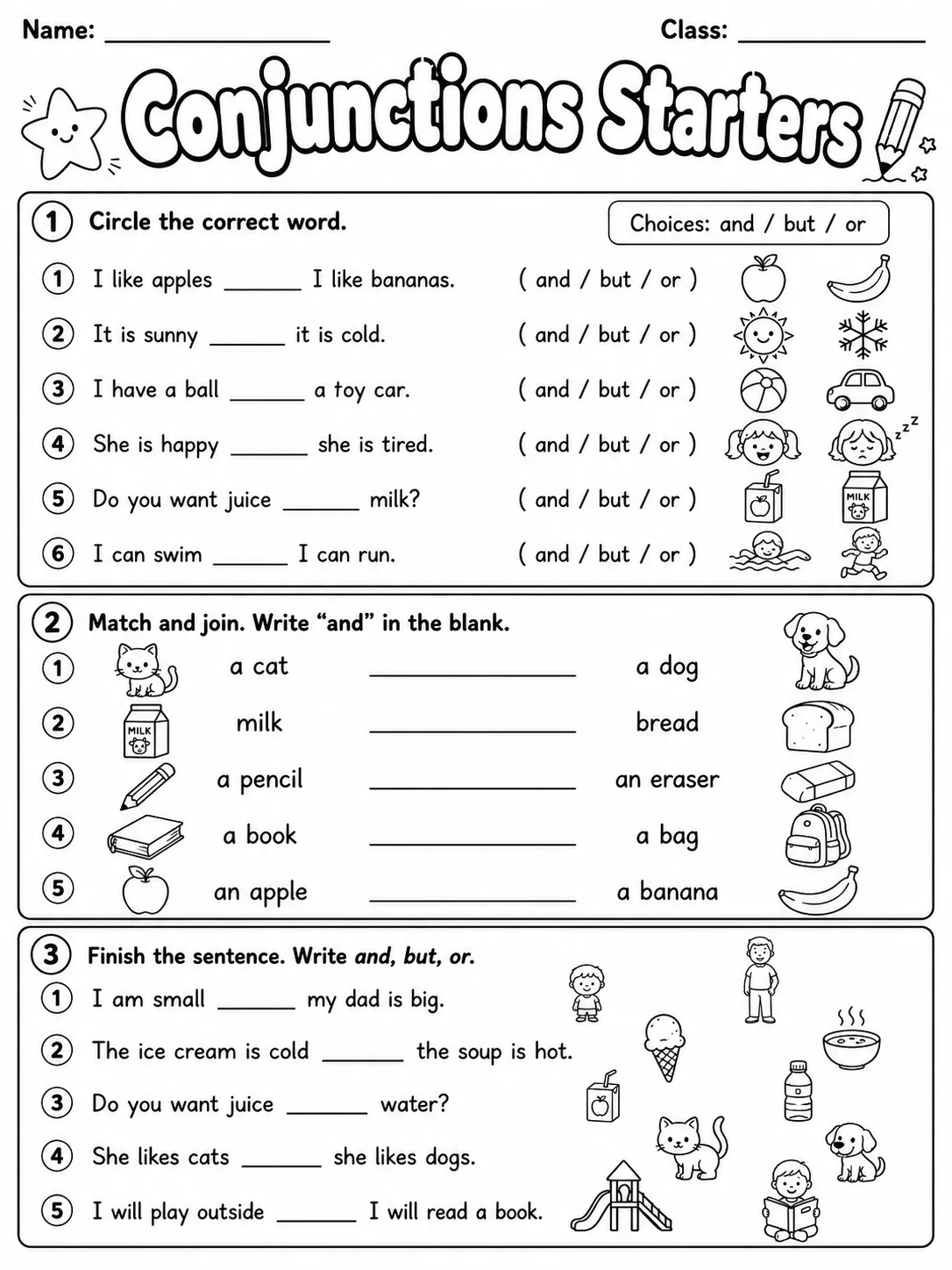 Conjunctions Starters Vocabulary Worksheet Pack - Set 2 printable Starters English worksheet bundle preview from KiwiBee