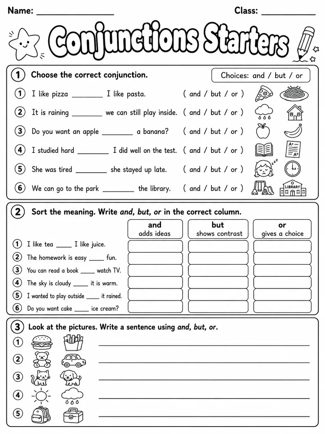 Conjunctions Starters Vocabulary Worksheet Pack - Set 2 page 2 printable worksheet preview