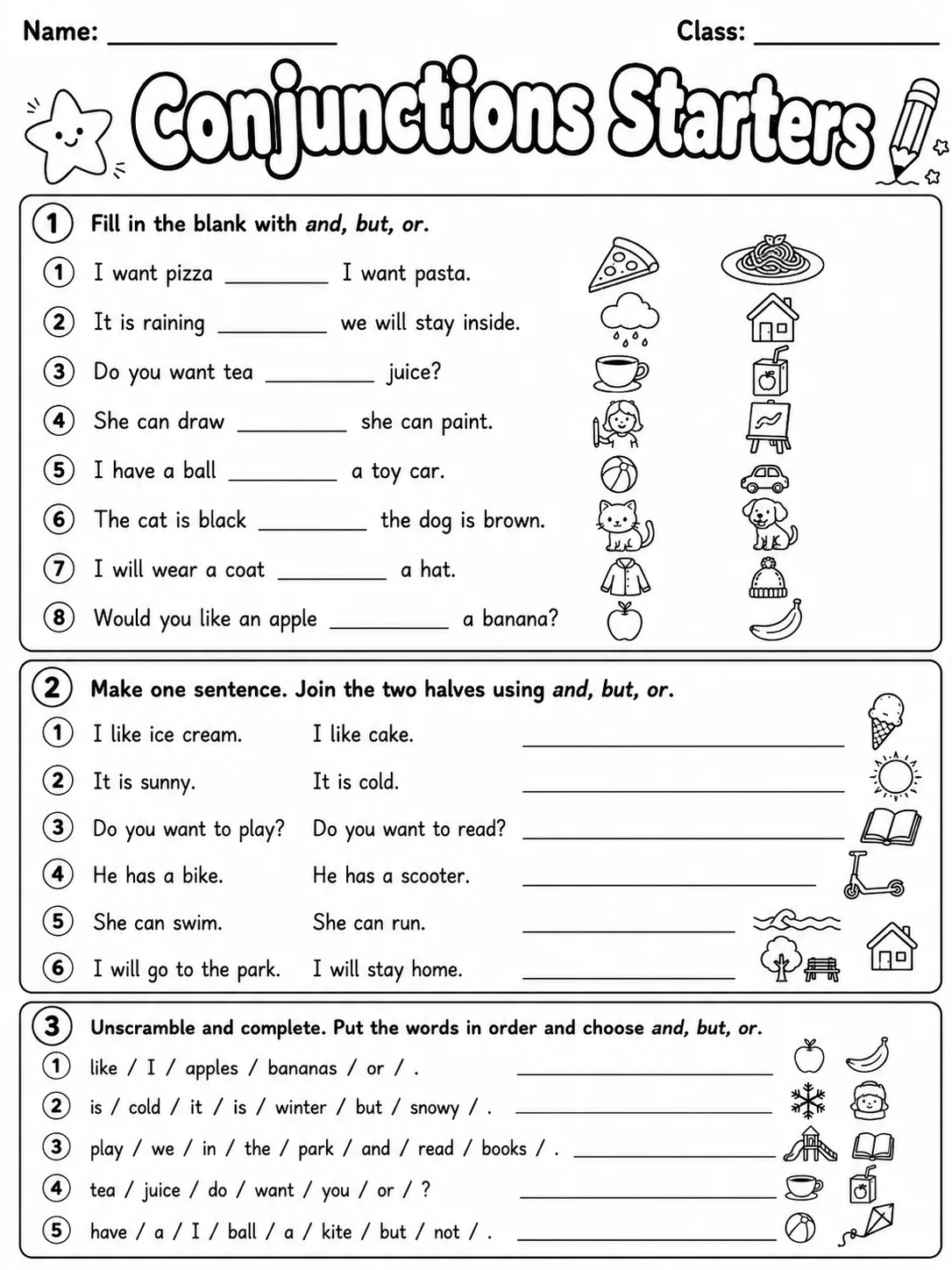 Conjunctions Starters Vocabulary Worksheet Pack - Set 2 page 3 printable worksheet preview