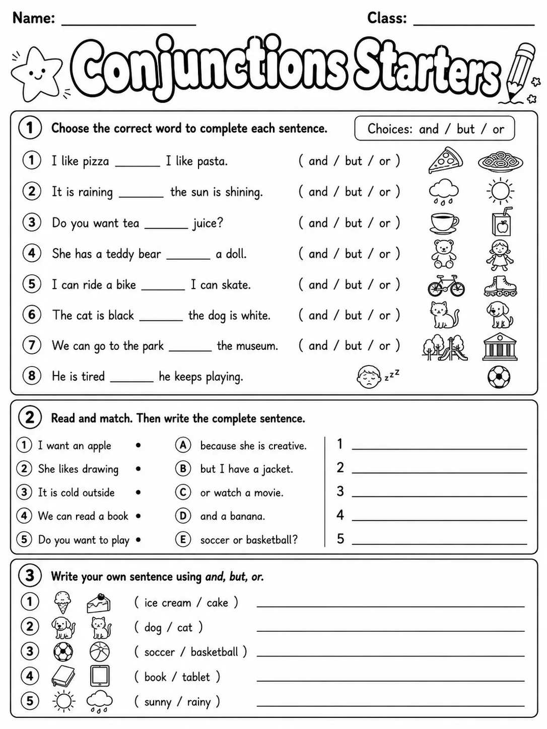 Conjunctions Starters Vocabulary Worksheet Pack - Set 2 page 4 printable worksheet preview