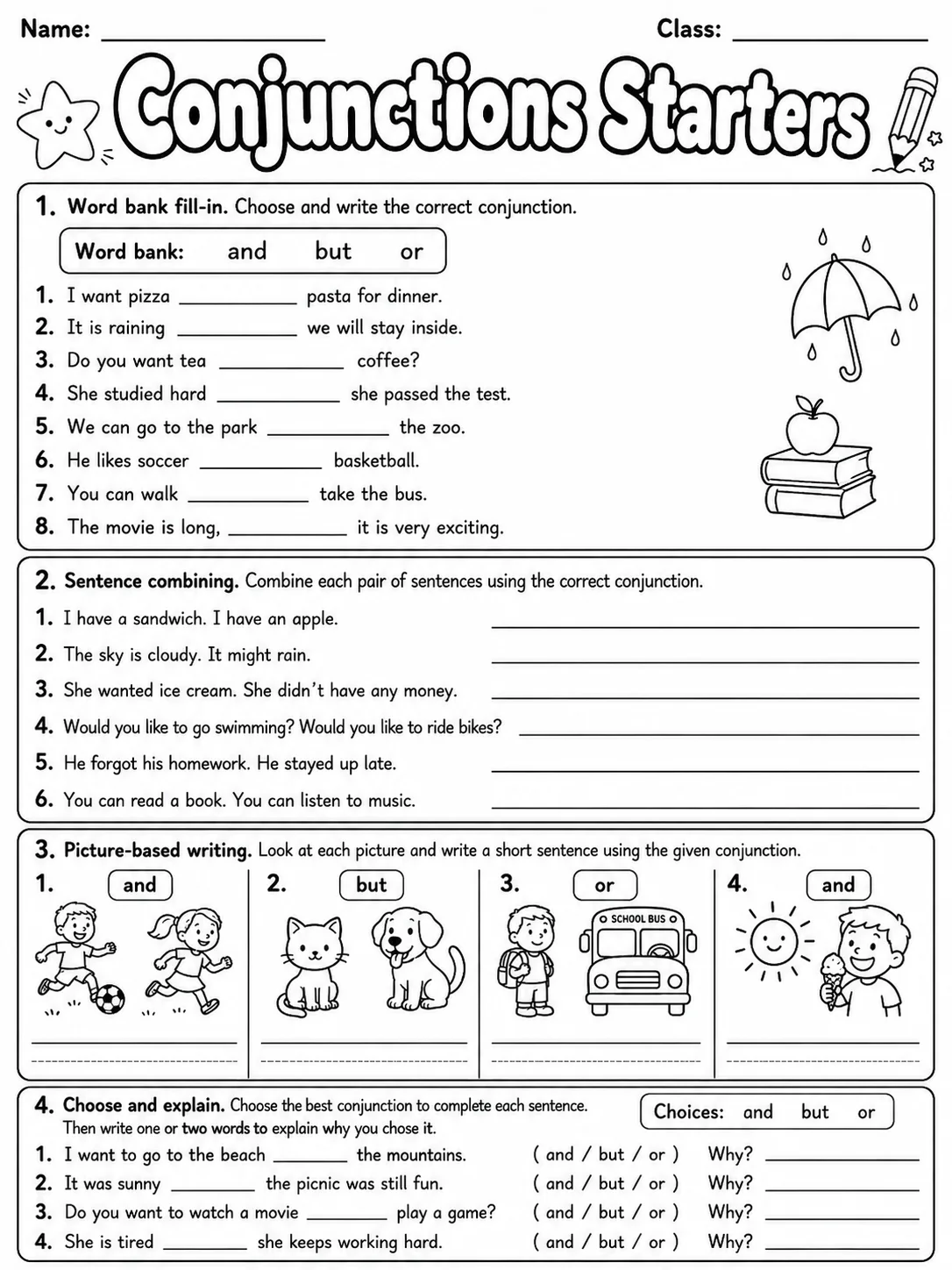 Conjunctions Starters Vocabulary Worksheet Pack - Set 2 page 6 printable worksheet preview
