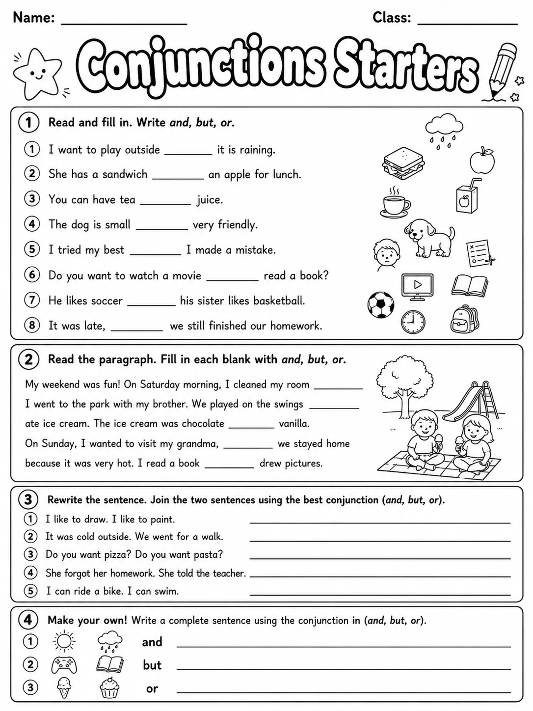 Conjunctions Starters Vocabulary Worksheet Pack - Set 2 page 7 printable worksheet preview