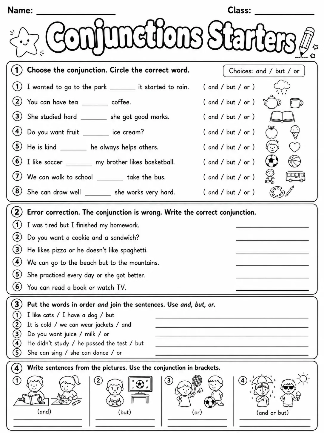 Conjunctions Starters Vocabulary Worksheet Pack - Set 2 page 8 printable worksheet preview